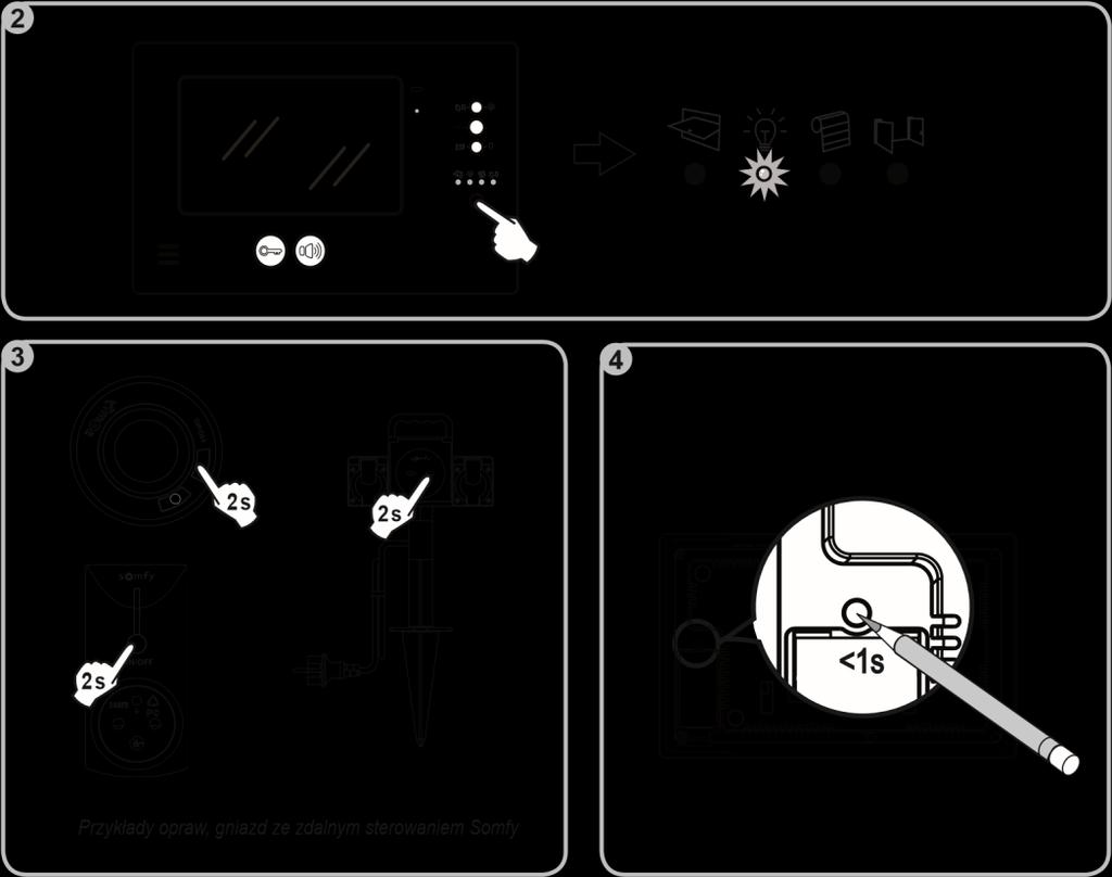 programowanie w odbiorniku oświetlenia Somfy RTS W oprawie lub gnieździe ze zdalnym sterowaniem Somfy RTS [1]. Sprawdzić, czy oprawa / gniazdo ze zdalnym sterowaniem są podłączone do zasilania. [2].