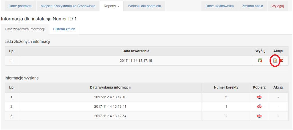 3.6 - Wybór instalacji objętej Krajowymi środkami wykonawczymi, wysłaną informację można w każdej chwili pobrać do korekty i edytować.