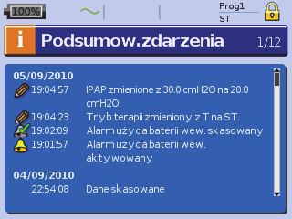 Menu informacyjne Podsumow. zdarzenia Podsumowanie zdarzenia wyświetla podsumowanie trzech rodzajów zdarzeń: zmian ustawień, alarmów i zdarzeń systemu (np.