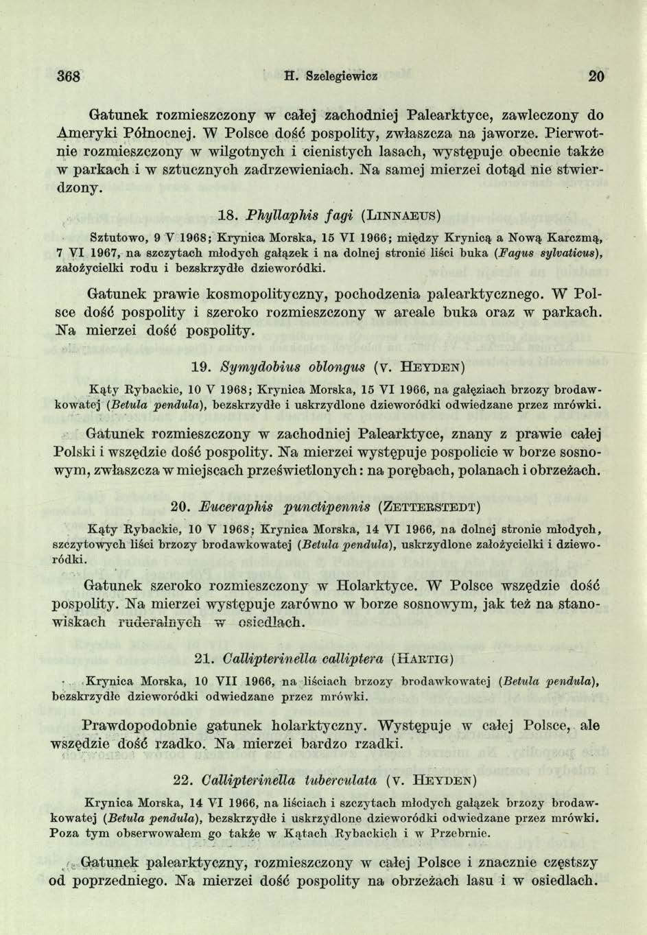 368 H. Szelegiewicz 20 Gatunek rozmieszczony w całej zachodniej Palearktyce, zawleczony do A m eryki Północnej. W Polsce dośó pospolity, zwłaszcza na jaworze.
