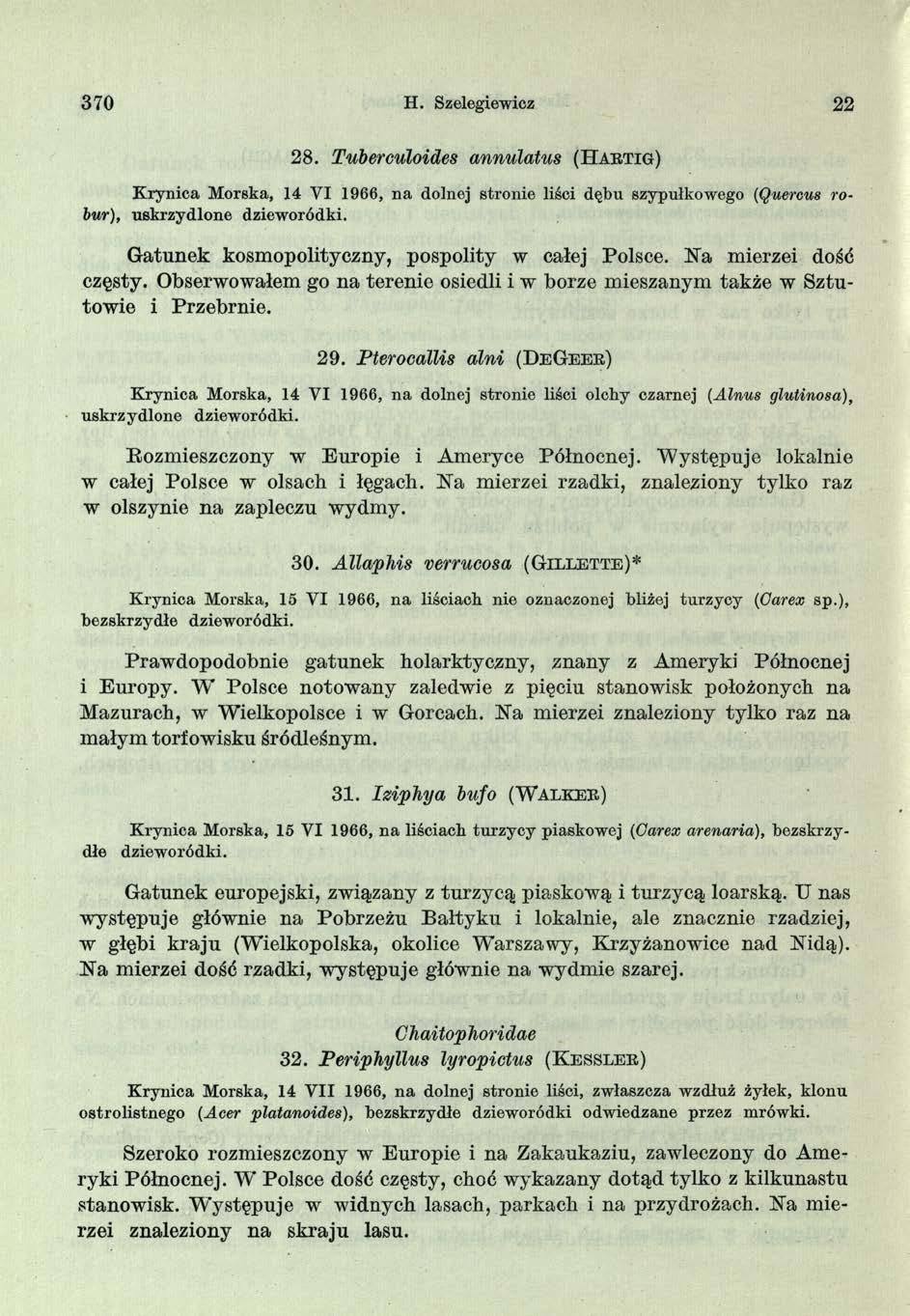370 H. Szelegiewicz 22 2 8. Tuberculoides annulatus (H a r t ig ) K rynica M orska, 14 V I 1966, n a dolnej stronie liści dębu szypułkowego (Quercus robur), uskrzydlone dzieworódki.
