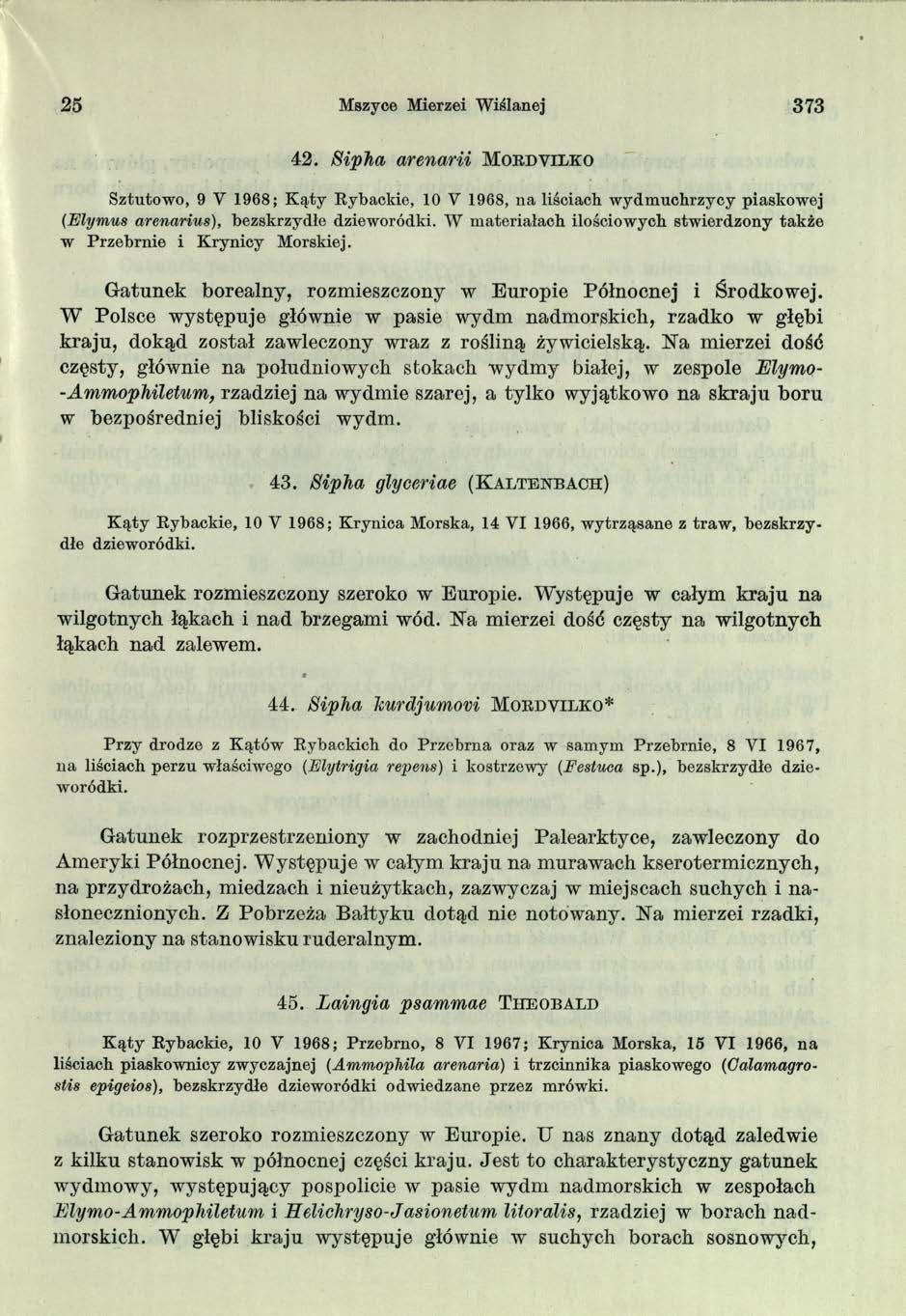 25 Mszyce Mierzei W iślanej 373 4 2. Sipha arenarii M o r d v il k o Sztutowo, 9 V 1968; K ąty Rybackie, 10 V 1968, na liściach w ydm uchrzycy piaskowej (Elymus arenarius), bezskrzydłe dzieworódki.