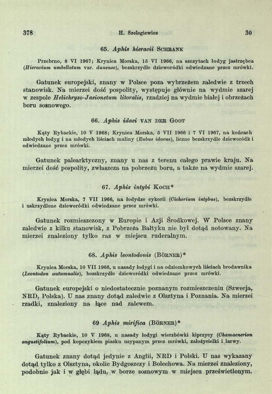 378 H. Szelegiewicz 30 65. Aphis hieracii S c h r a n k Przebrno, 8 VI 1967; K rynica Morska, 15 VI 1966, n a szczytach łodyg jastrzębca (Hieracium umbellatum var.