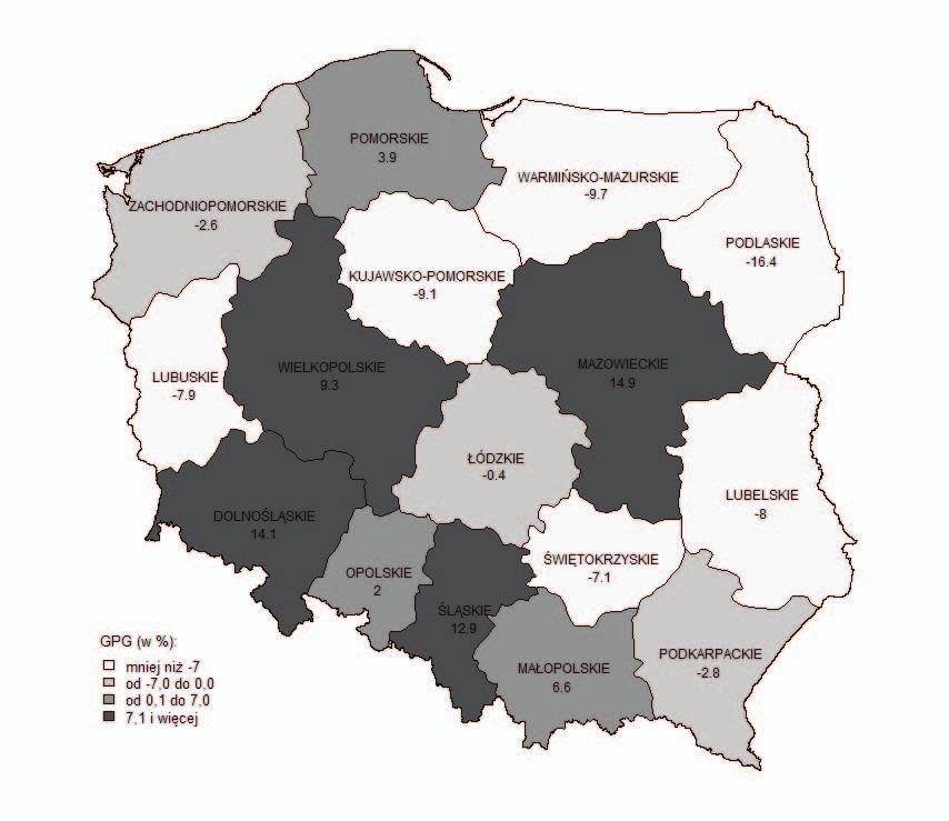 166 Dominik Śliwicki o ponad 14%. W trzech województwach różnica ta była stosunkowo mała, tj. w: podkarpackim (-1%), zachodniopomorskim (-1%) oraz łódzkim (1,9%).