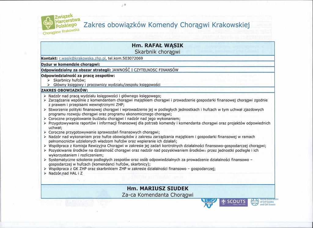 ZWiąZeK Harcerstwa. polskiego Zakres obowiązków Komendy Chorągwi Krakowskiej - "VraKOWS\<.o. Chorąg\ \lv f Hm. RAFAŁ WĄSIK Skarbnik chorągwi Kontakt: r.wasik@krakowska.zhp.pl, tel. kom.