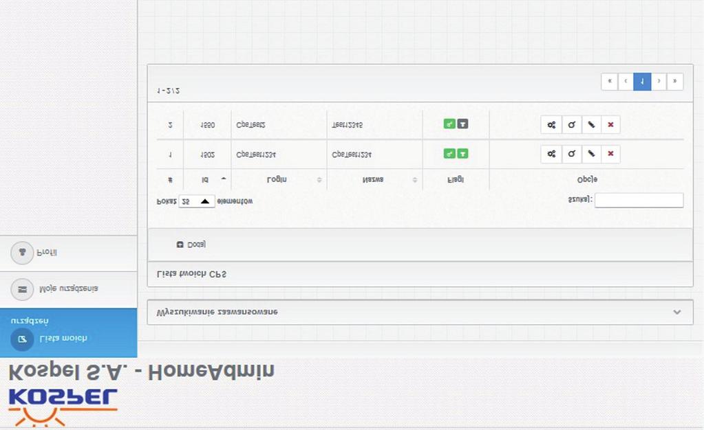 5.3.2 Zarządzanie urządzeniami C.PS. Po zalogowaniu system domyślnie ustawia stronę Lista moich urządzeń gdzie użytkownik ma możliwość zarządzania dodanymi centralami C.PS.02. Lista C.PS.02 # Numer centrali na liście użytkownika.