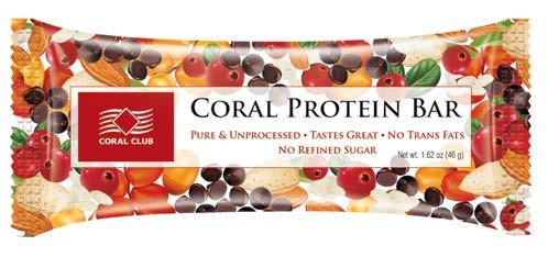 Coral Protein Bar Kod 91686 Waga 46 g białko ryżowe, syrop z agawy, pasta daktylowa, olej migdałowy, chrupki czekoladowe, owoce żurawiny, sproszkowany sok z żurawiny, kiełki lnu, nasiona sezamu