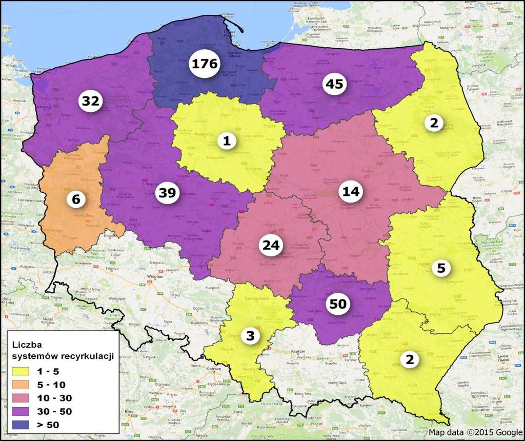 Akwakultura intensywna w 2016 roku Łącznie 400 systemów (280 w