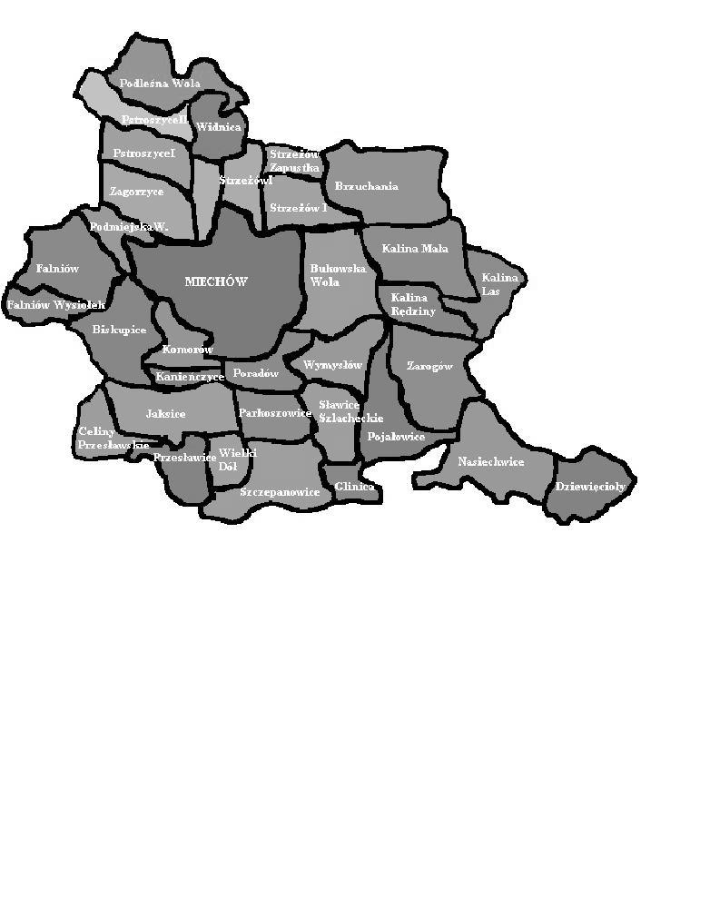 11 2. DANE WYJŚCIOWE, STAN ISTNIEJĄCY 2.1. Podział administracyjny gminy Gmina Miechów leży w powiecie miechowskim, który znajduje się w północnej części województwa małopolskiego, na Wyżynie Miechowskiej.