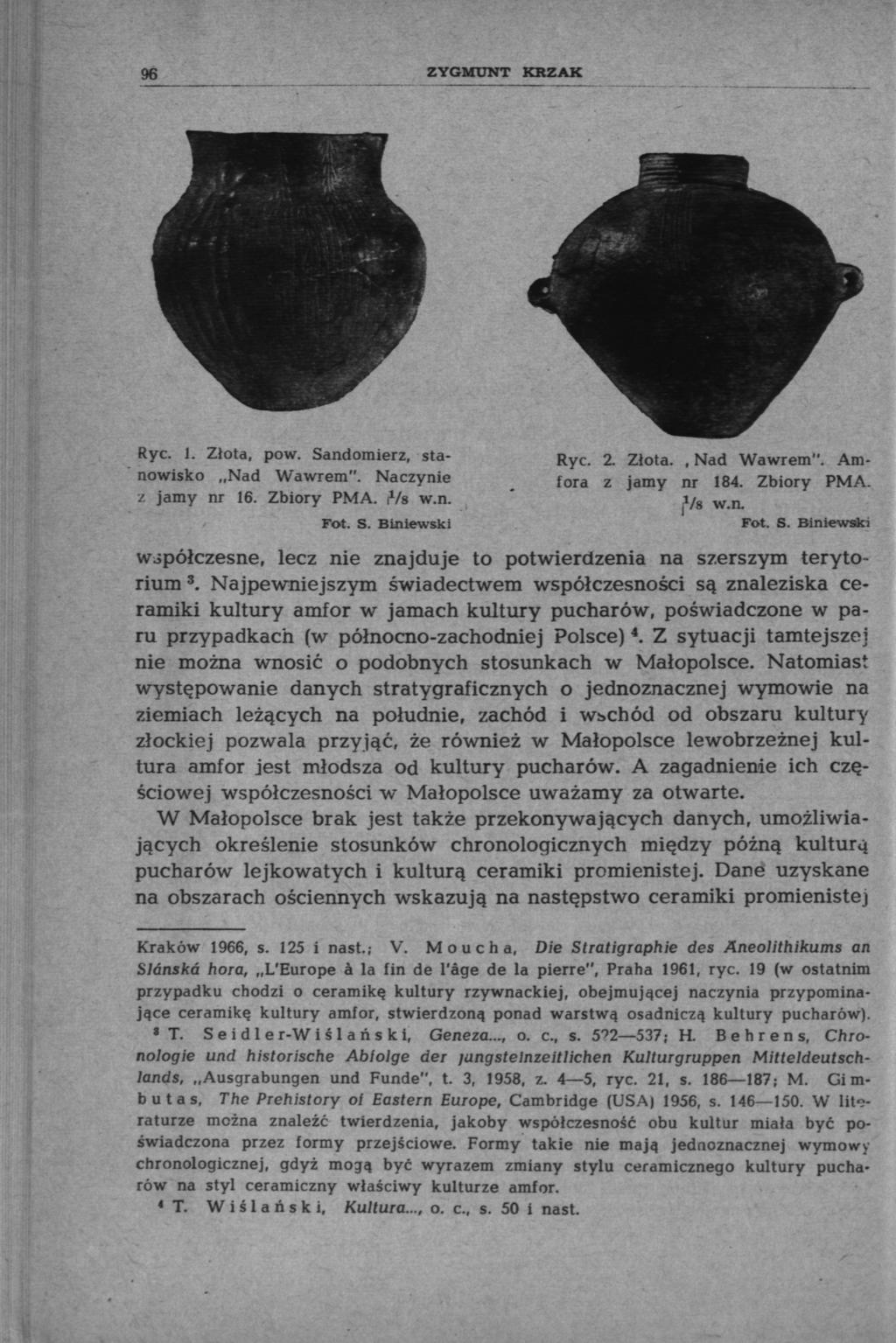 96 ZYGMUNT KRZAK Rye. 1. Złota, pow. Sandomierz, stanowisko Nad Wawrem". Naczynie z jamy nr 16. Zbiory PMA. ivs w.n. Fot. S. Binlewski Ryc. 2. Złota., Nad Wawrem". Amfora z jamy nr 184. Zbiory PMA. jve w.
