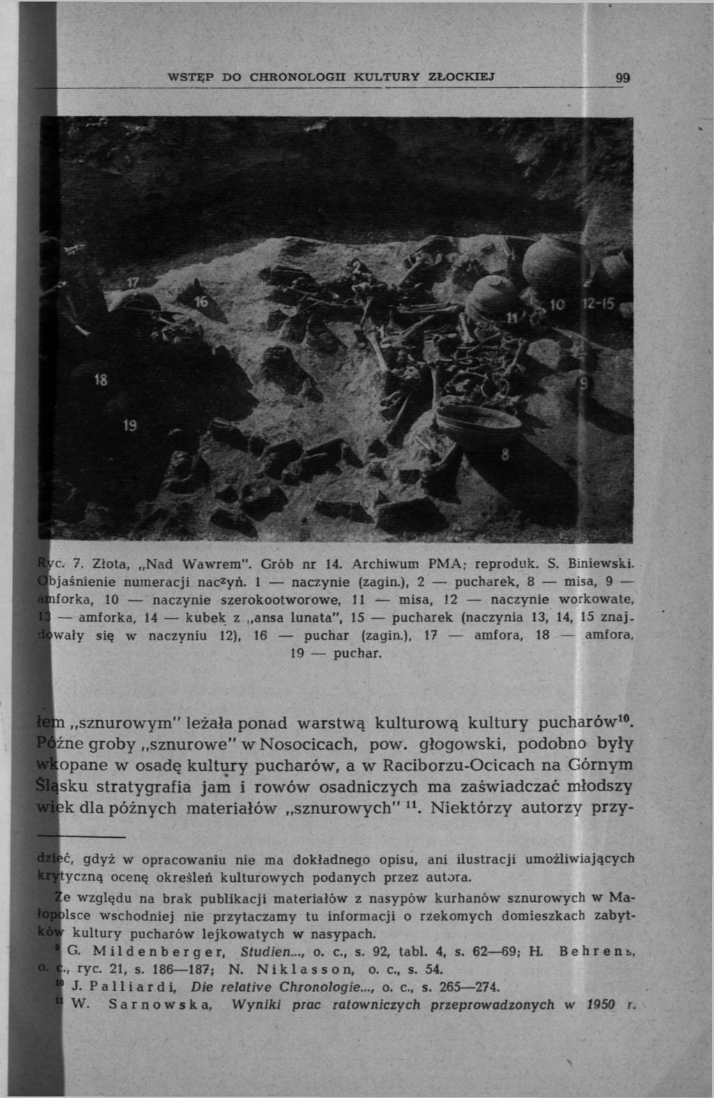 c. 7. Złota, Nad Wawrem". Grób nr 14. Archiwum PMA; reproduk. S. Biniewski. bjaśnienie numeracji nac z yń. 1 naczynie (zagiń.
