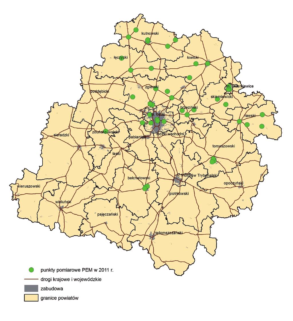 w 2011 r. Mapa V.2 Rozmieszczenie punktów pomiarowych PEM na terenie woj. łódzkiego w 2011 r.