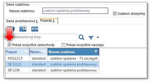 55 w zakładce: Pojazdy należy zaznaczyć opcję: Pokaż wszystkie samochody (rys. poniżej). Następnie na liście wybrać pojazd i przypisać go do szablonu klikając na ikonie:. Rys. Przypisywanie pojazdu.