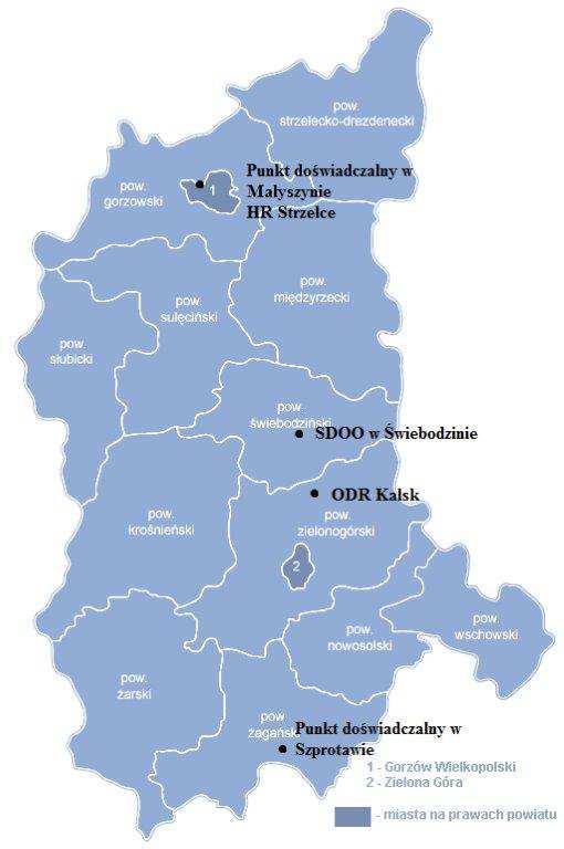 Mapa rozmieszczenia doświadczeń w województwie lubuskim. Działając w imieniu Wojewódzkiego Zespołu PDO woj.