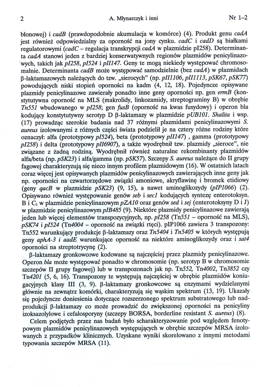 2 A. Mlynarczyk i inni Nr 1-2 blonowej) i cadb (prawdopodobnie akumulacja w komórce) (4). Produkt genu cada jest równiez odpowiedzialny za opornosc na jony cynku.