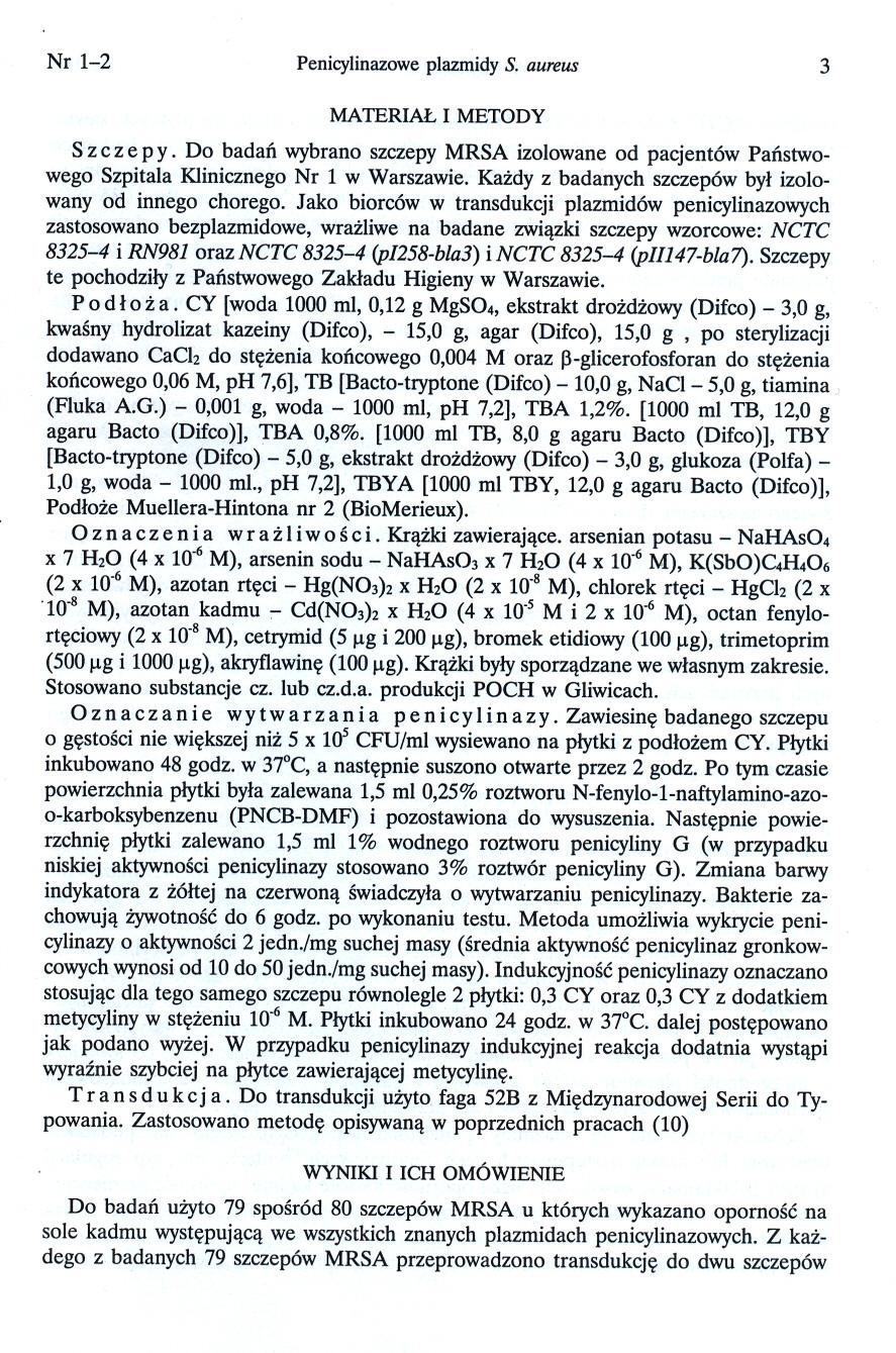 Nr 1-2 Penicylinazowe plazmidy S. aureus 3 MA1ERIAL I METODY S z c z e p y. Do badan wybrano szczepy MRSA izolowane od pacjentów Panstwowego Szpitala Klinicznego Nr 1 w Warszawie.