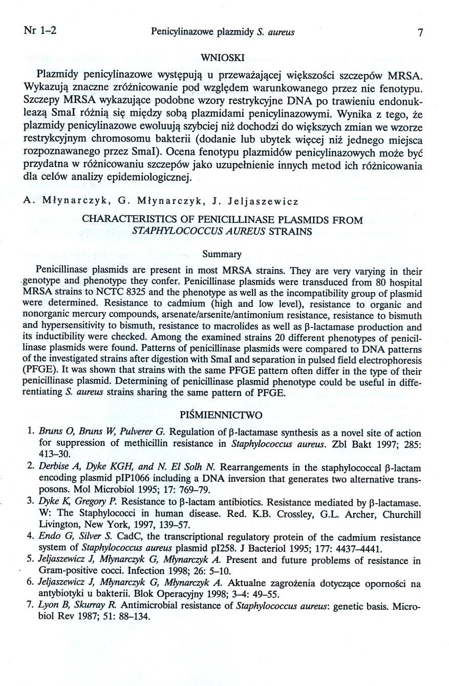 Nr 1-2 Penicylinazowe plazmidy S. aureus 7 WNIOSKI Plazmidy penicylinazowe wystepuja u przewazajacej wiekszosci szczepów MRSA.
