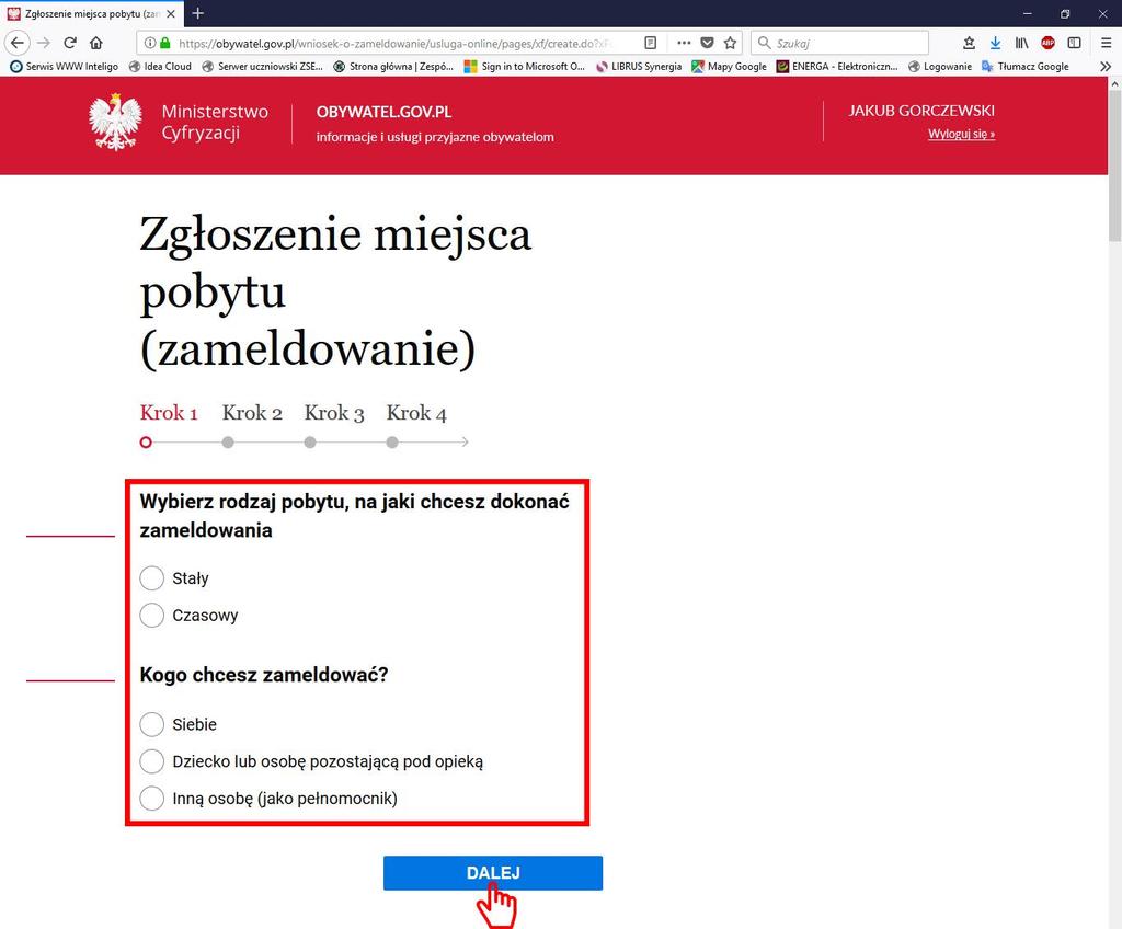 [10/28] W kolejnym kroku zostajemy ponownie przekierowani na stronę https://obywatel.gov.pl/, ale jesteśmy już zalogowani na swój profil i rozpoczynamy wypełnianie formularza.