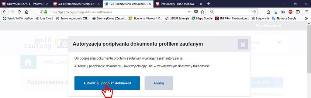 [25/28] W kolejnym kroku musimy potwierdzić podpisanie dokumentu. W tym celu klikamy na przycisk Autoryzuj i podpisz dokument.