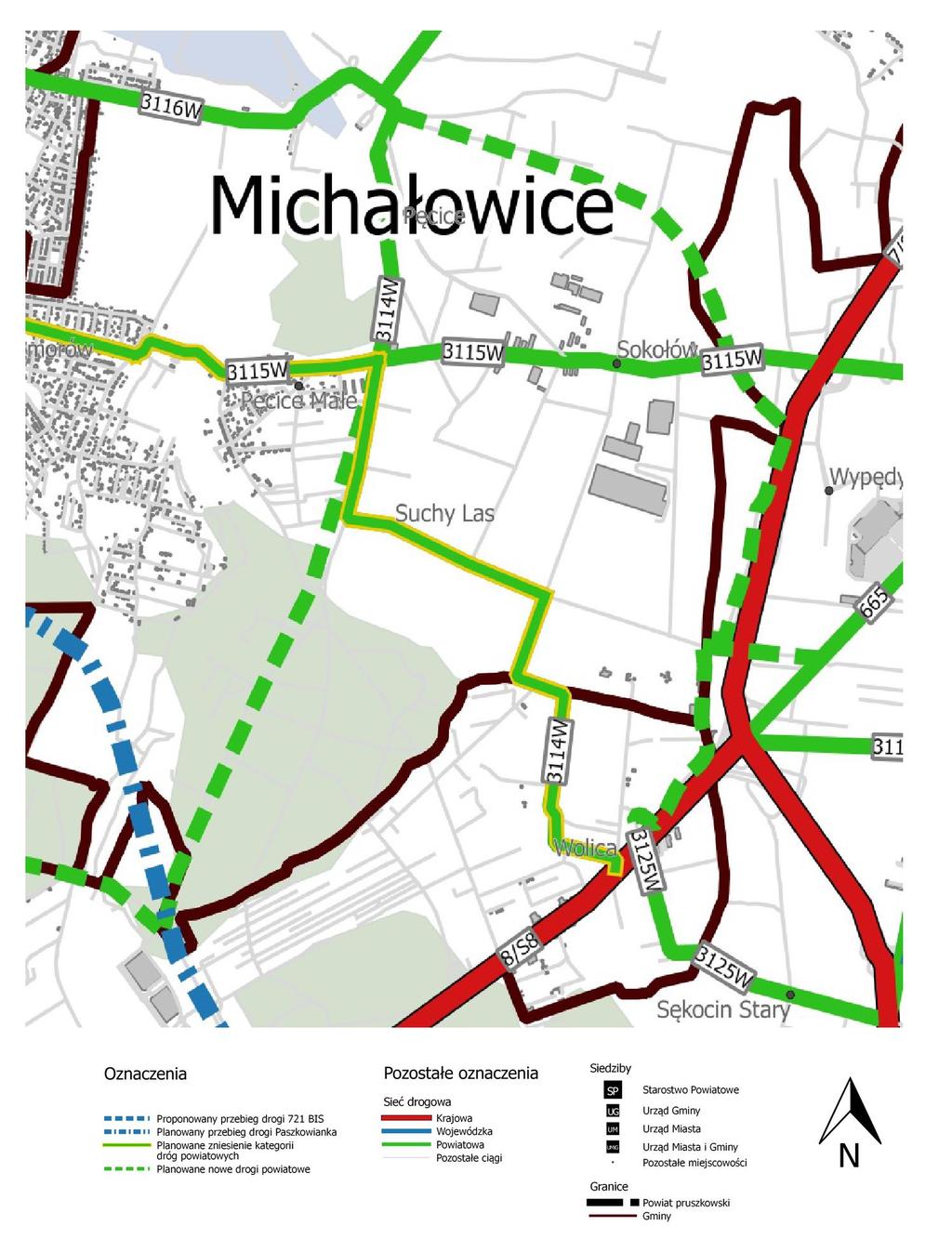 Proponowane nowe połączenia (drogi powiatowe) w gminie Michałowice: - drogi 3114W z