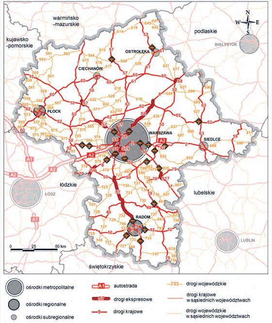 Plan Zagospodarowania Przestrzennego Województwa Mazowieckiego O charakterze układu transportowego województwa mazowieckiego decyduje silnie położenie Warszawy i tendencja do zbiegania się wielu