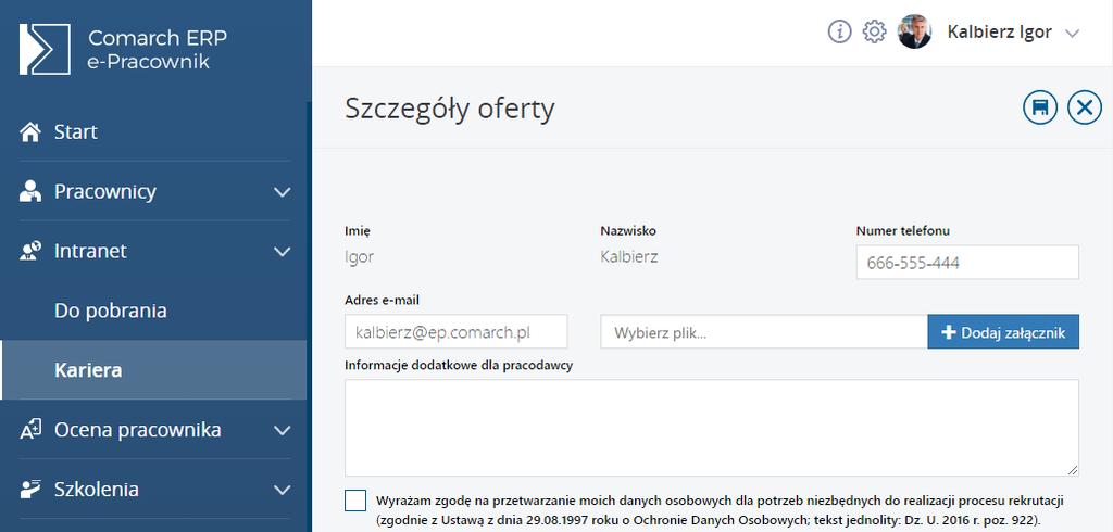 Rys 108. Aplikacja formularz do wypełnienia przez kandydata w rekrutacji zewnętrznej Przycisk spowoduje zapisanie aplikacji do bazy danych oraz wyświetlenie podsumowania, w którym może być zawarte np.