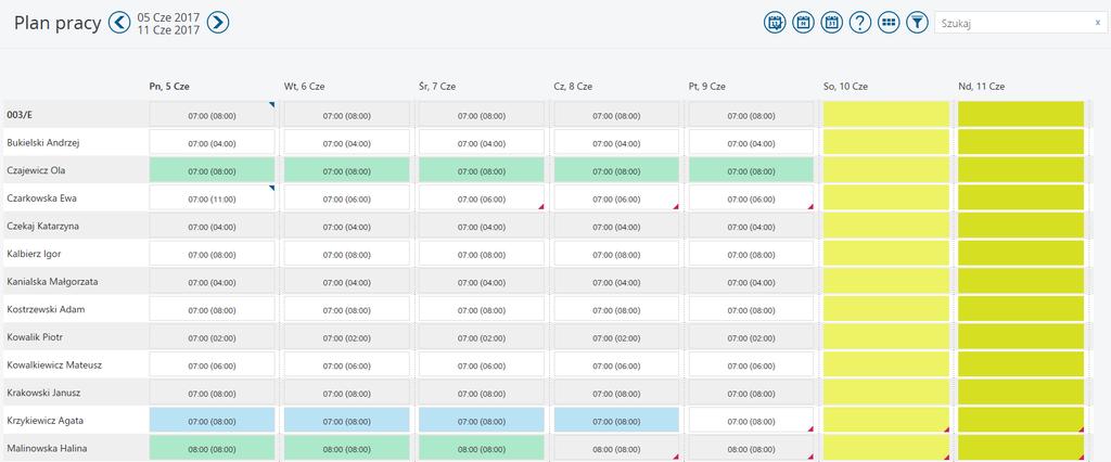 Rys 114. Plan pracy widok 7 dniowy Plan pracy w widoku tygodniowym może być wyświetlony jako tydzień roboczy 5-dniowy lub tydzień 7-dniowy.