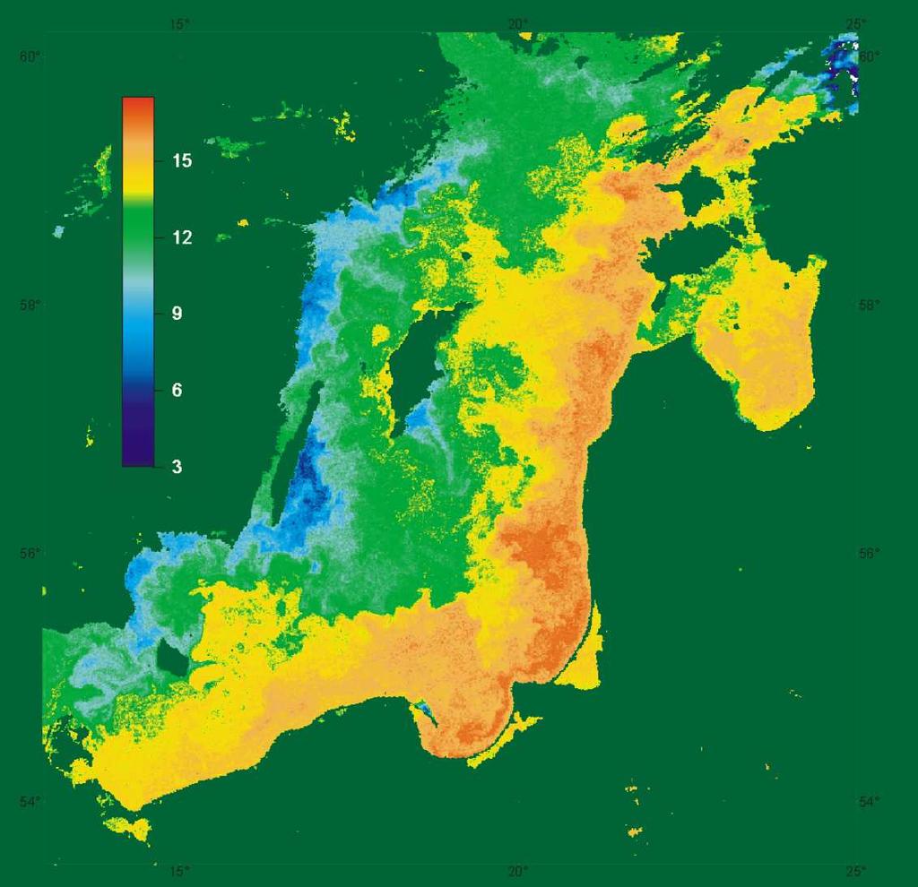 Rozkłady temperatury powierzchni morza Teledetekcja satelitarna w podczerwieni i przedziale mikrofalowym daje moŝliwość pomiaru temperatury powierzchniowej warstwy wody.