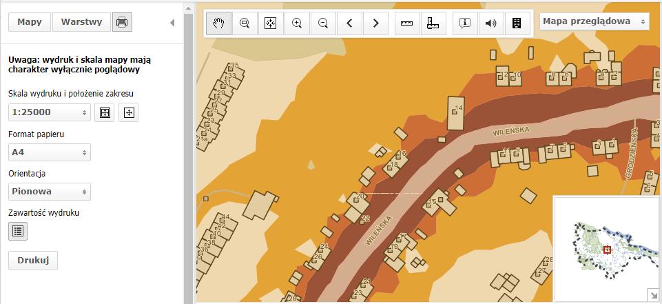 2.2.3.1 Skala wydruku i położenie zakresu Obszar zakresu wydruku wyświetla się w Panelu widoku mapy na kolor żółty. Zakres wydruku nie zawsze mieści się w całości w Panelu widoku mapy.