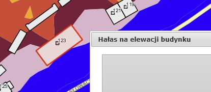2.3.5 Odczyt hałasu na elewacji budynku W celu wyświetlenia poziomu hałasu na elewacji budynku, należy wybrać z Paska narzędzi ikonę, a następnie lewym przyciskiem myszy wskazać na mapie hałasu