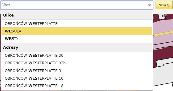 Rysunek 50 Wyszukiwanie ulicy - lista podpowiedz Kliknięcie