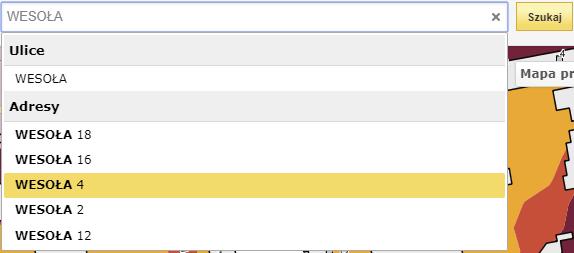 2.6.2 Wyszukiwanie punktu adresowego W celu odnalezienia w Panelu widoku mapy konkretnego punktu adresowego, w Panelu wyszukiwania należy wpisać nazwę ulicy wraz z numerem adresowym, a następnie