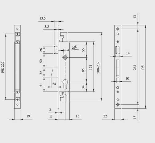 IS 7811 IS 7812 Zamek wpuszczany jednopunktowy do aluminium 85 mm na wkładkę Czoło zamka: 22 x 3 mm Stal nierdzewna Wkładka