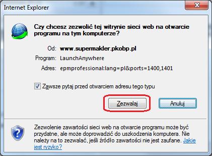 Odpowiednio dla różnych przeglądarek komunikat ma inną formę wizualną. Internet Explorer należy kliknąć Zezwalaj.