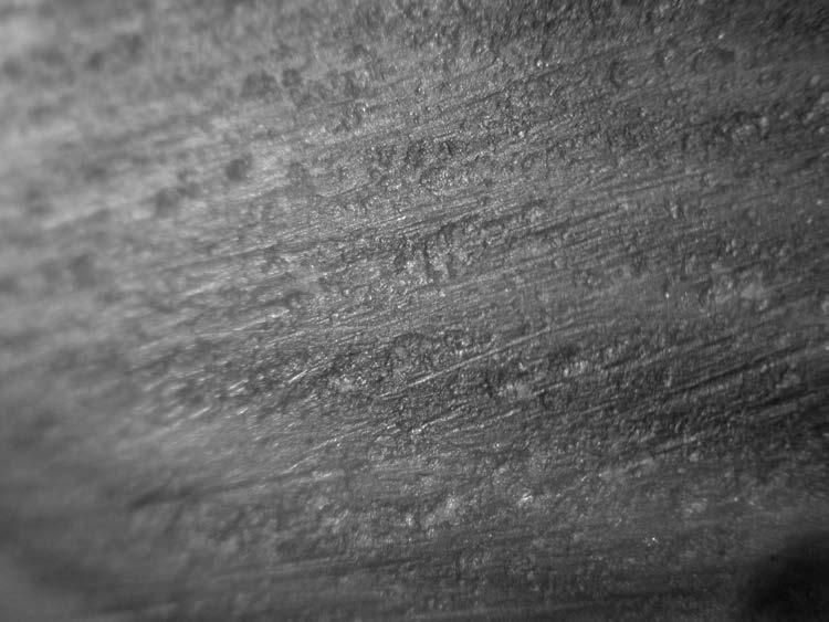 Linear polish with cratered topography discovered on the working edge of flint perforator from feature 238 (250, ob. 20). Photo by G. Osipowicz Ryc. 42.