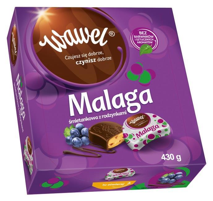 10. Bombonierka Malaga 430g Czekolada z nadzieniem (50%) śmietankowo-rodzynkowym. Oprócz tłuszczu kakaowego zawiera tłuszcze roślinne.