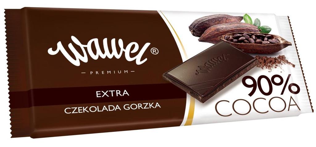 14. Czekolada Gorzka Premium 90% 100g Składniki: miazga kakaowa (miejsce pochodzenia: Afryka), kakao o obniżonej zawartości tłuszczu, cukier, tłuszcz kakaowy, emulgatory: lecytyny (z soi) i E476,