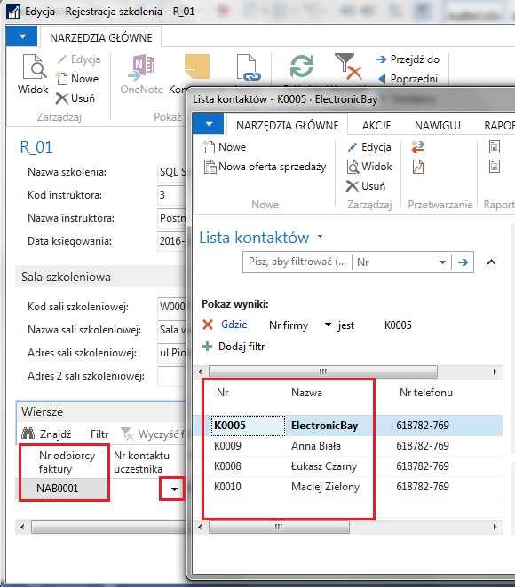 Przy tak zdefiniowanej liście kontaktów dla nabywcy ElectronicBay, jeśli zostanie on wybrany w Wierszu rejestracji szkolenia jako Nr odbiorcy faktury to