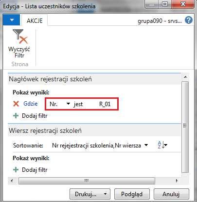 System powinien podpowiadać filtr numeru rejestracji szkolenia, tak by drukowana mogła być lista