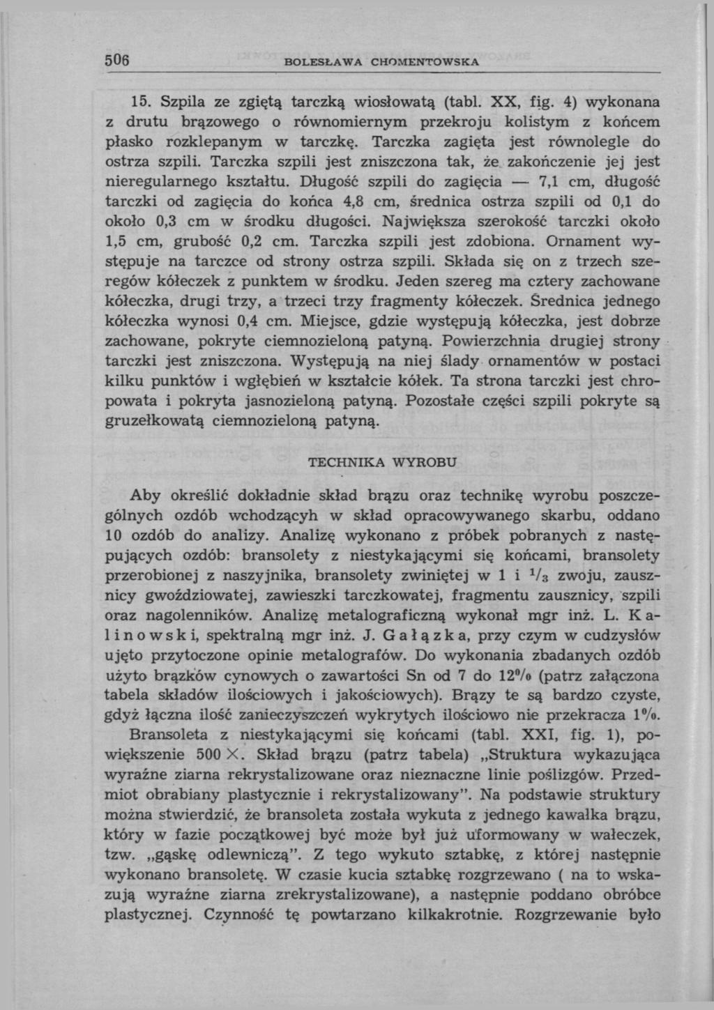506 BOLESŁAWA CHOMENTOWSKA 15. Szpila ze zgiętą tarczką wiosłowatą (tabl. XX, fig. 4) wykonana z drutu brązowego o równomiernym przekroju kolistym z końcem płasko rozklepanym w tarczkę.