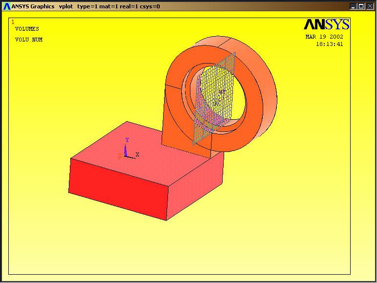 Preprocessor Modeling Create Volumes Cylinder Solid Cylinder WP X 0 WP Y 0 Radius 10 Depth 1.875 Preprocessor Modeling Operate Subtract Volumes Teraz musimy odciąć niepotrzebną część bryły.