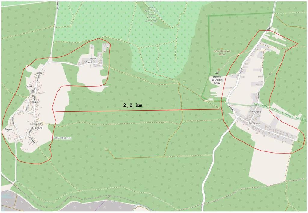 Rysunek 3. ODLEGŁOŚĆ POMIĘDZY PODOBSZAREM REWITALIZACJI II i III Strona 24 Źródło: autorzy OpenStreetMap 1.