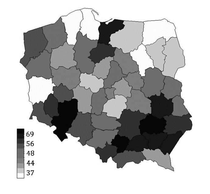 30 20 10 0 Jakość gleby wyrażona w punktach; Average soil quality (bonitation scores) Udział kwalifikowanego materiału siewnego; Share of qualified seed material (%) Rys. 4.