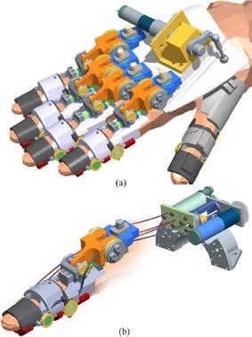 63 Rys. 9. Model 3D złożeniowy Handexos: a) egzoszkielet całej ręki, b) egzoszkielet jednego palca z układem napędowym [Chiri et al. 2011] Rys. 10.
