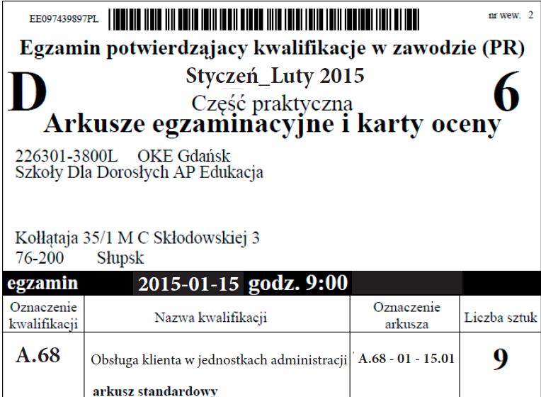 Naklejka na bezpieczną kopertę przeznaczoną na dostawę (dystrybucja) arkuszy egzaminacyjnych i kart