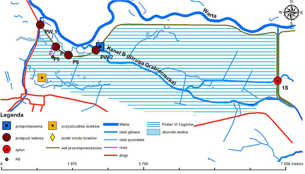 w powiecie słupeckim. Polder Zagórów obejmuje powierzchnię 1145 ha z czego większość, bo ponad 80% stanowią trwałe użytki zielone (rys. 1). Rys. 1. Plan sytuacyjny polderu Zagórów Prace inwestycyjne związane z zabudową polderu prowadzone były etapami.