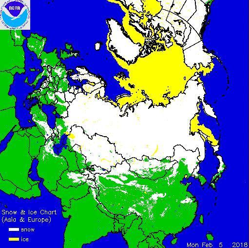 4 MAPA 1 Obecność pokrywy śnieżnej w Europie według stanu na dzień 5 lutego 2018 roku Świat: szacowany mniejszy areał i przewidywane mniejsze zbiory pszenicy w kolejnym sezonie 2018/19.