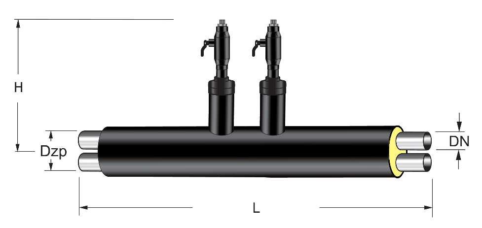 10.3. Zawór odwadniający Rura przewodowa stalowa osłonowej Odległość pomiędzy rurami Wysokość Długość DN DZ Dzp s H L Tabela 16 Symbol katalogowy [mm] [mm] [mm] [mm] [mm] [mm] 2x40 48,3 160 19 403