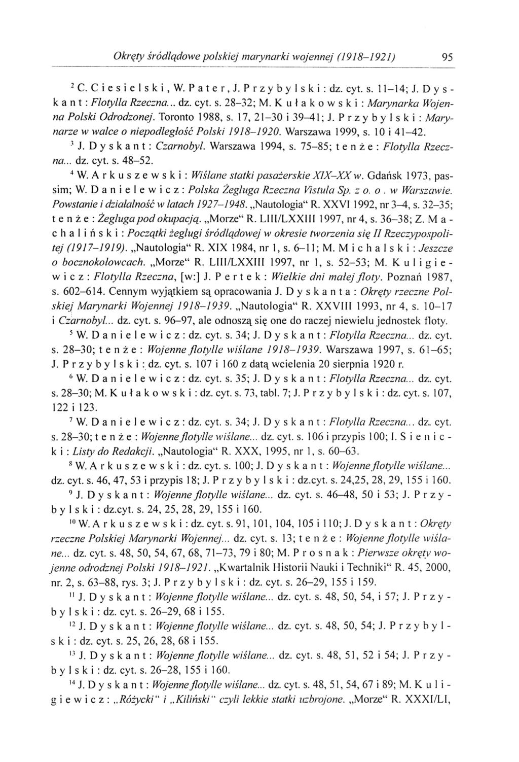 Okręty śródlądowe polskiej marynarki wojennej (1918-1921) 95 2 C. C i e s i e I s k i, W. P a t e r, J. P r z y b y I s k i : dz. cyt. s. 11-14; J.Dyskant: Flotylla Rzeczna... dz. cyt. s. 28-32; M.