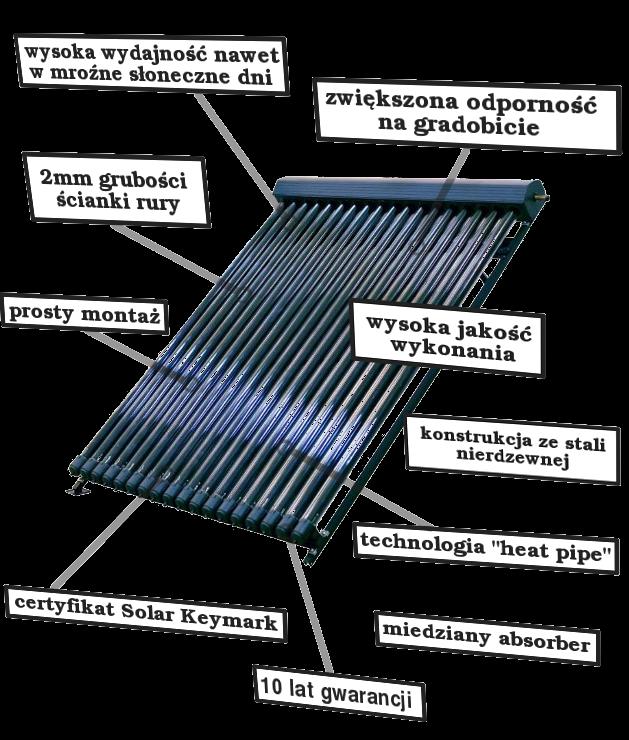 - dzięki zasto sowaniu jwyżsj jaści rur próżniowych Heat-Pipe s y charaeryzuje bardzo długa żywotność az wysoka wydajność - zastosowanie izolacji próżniowej az odpowiednio grubej